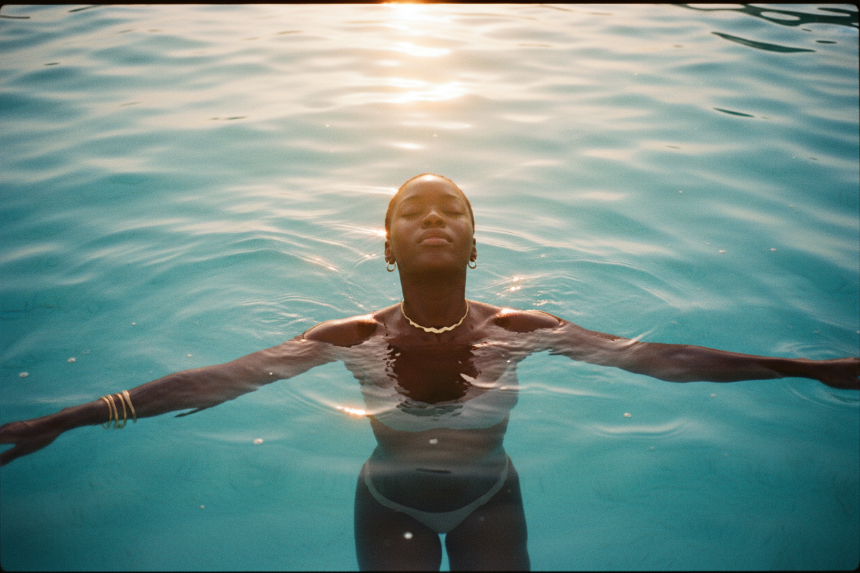 Black woman in water wearing gold everyday jewellery